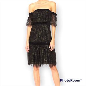 Nanette Lepore Off Shoulder velvet trim gold metallic threads Lace evening Dress